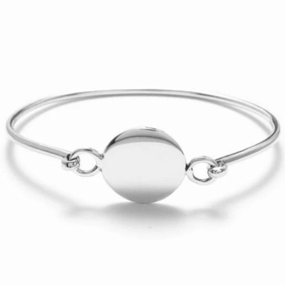 MODERN STERLING SILVER 7" BANGLE BRACELET WITH ROUND ENGRAVABLE DISK.